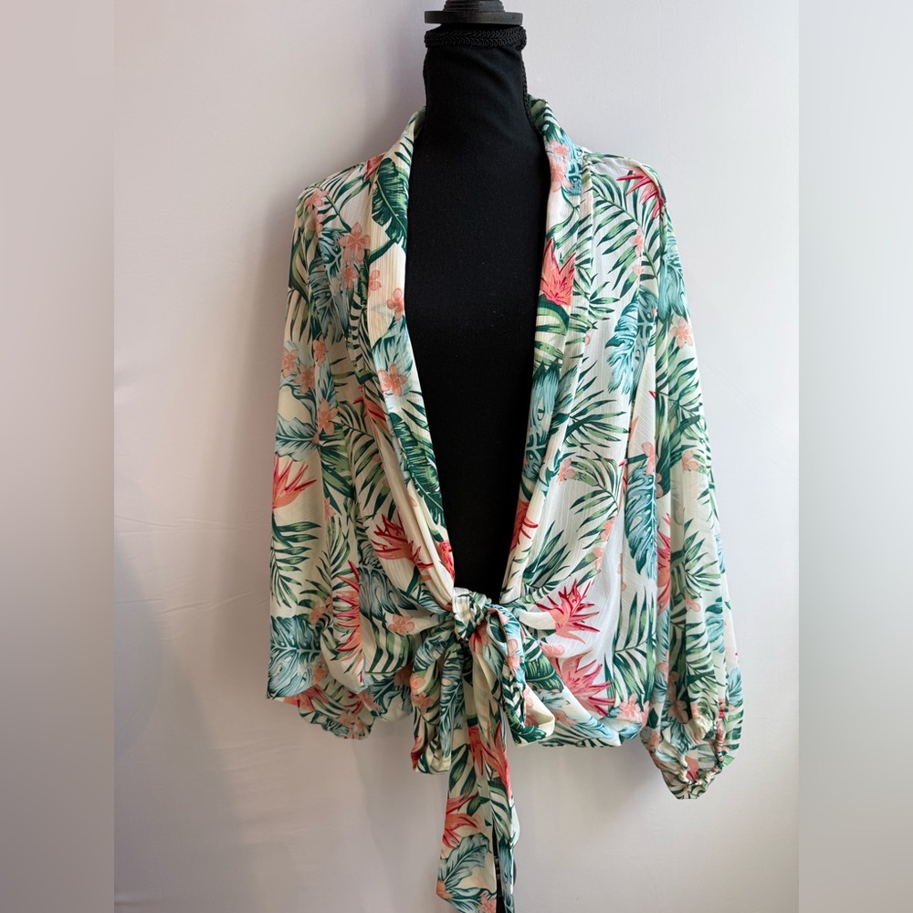 Colleen‎ Lopez Tropical Tie-Front Tunic - Green & Coral